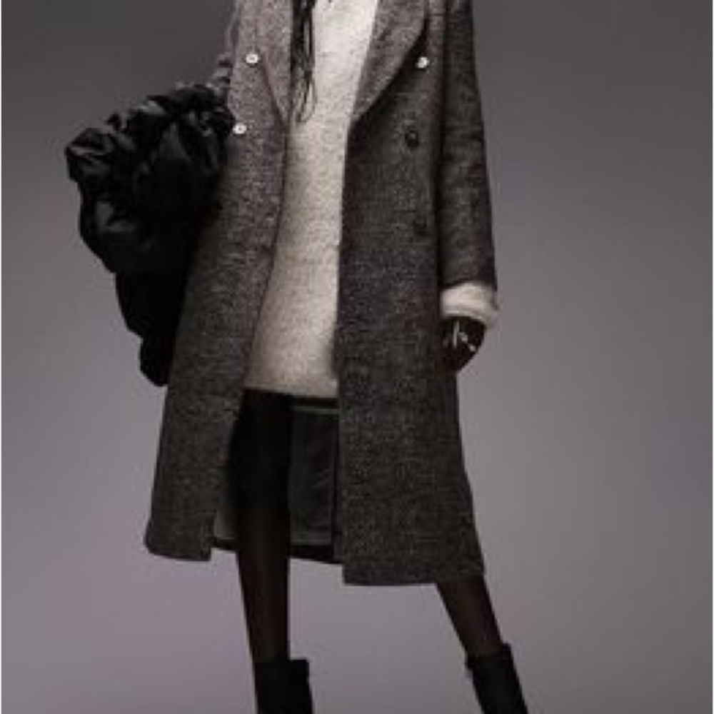 Topshop Herringbone Double Breasted Coat in Brown